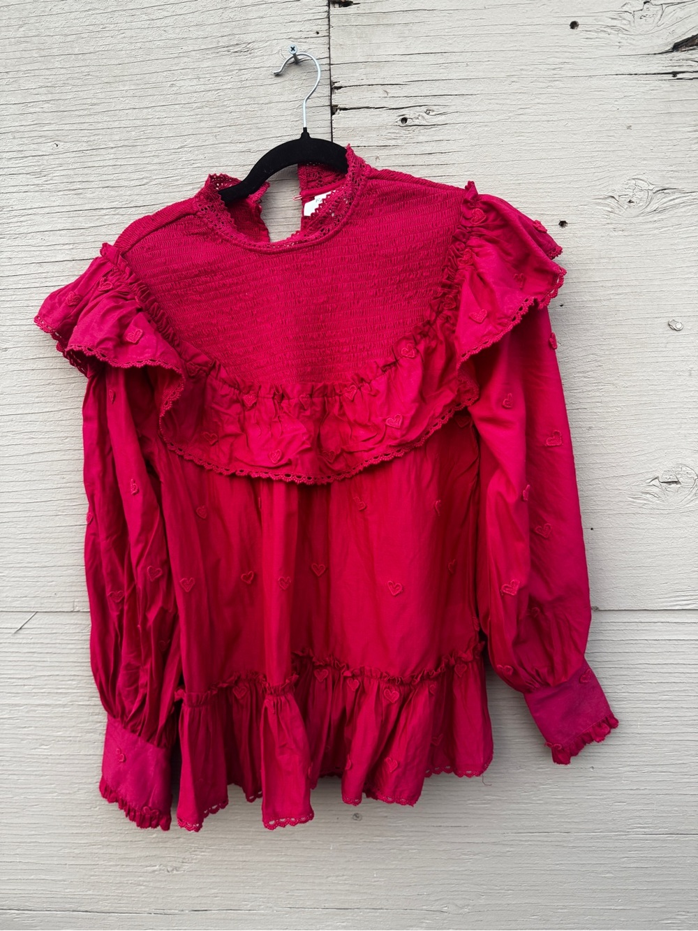 Farm Rio Red Smocked Ruffled 3D Heart Blouse - Picture 3 of 10